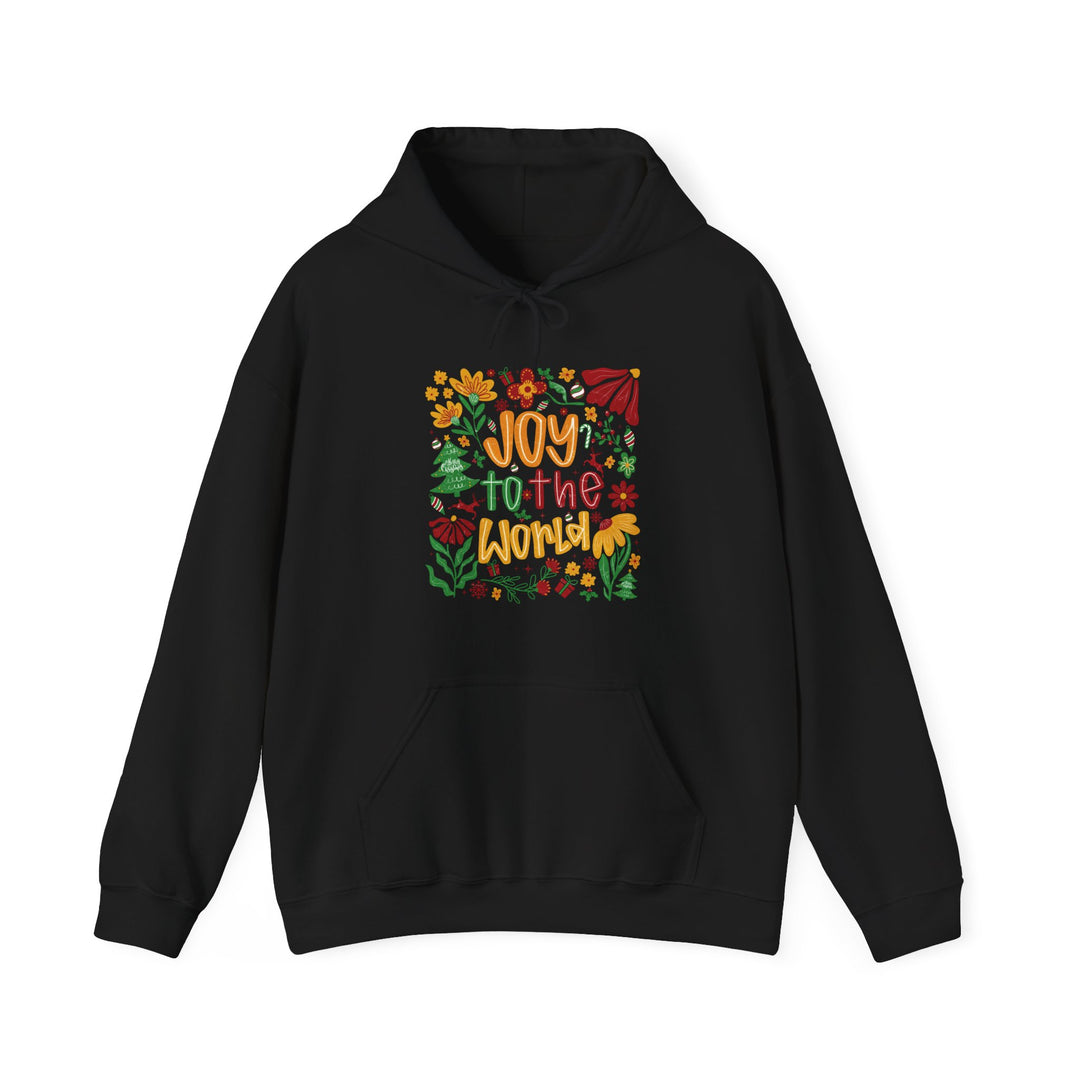 Black pullover hoodie featuring Joy to the World graphic with festive elements like flowers, holly, and candy canes, designed for warmth and comfort.