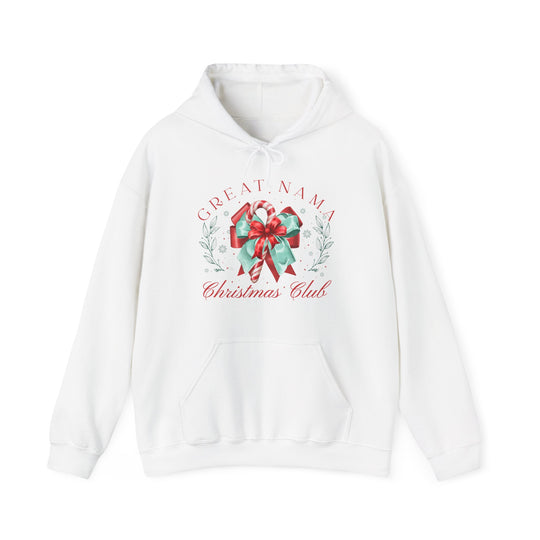 Great Nama Christmas Club Hoodie featuring crossed candy canes, red-and-green bow, laurel sprigs, snowflakes, and festive text. Ideal for cozy, stylish winter wear.