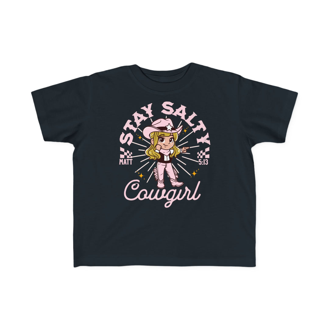 Salty Cowgirl Tee featuring a cartoon girl in a cowboy hat, perfect for toddlers with soft, high-quality cotton fabric and durable print.