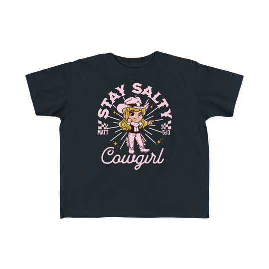 Salty Cowgirl Tee featuring a cartoon girl in a cowboy hat, perfect for toddlers with soft, high-quality cotton fabric and durable print.