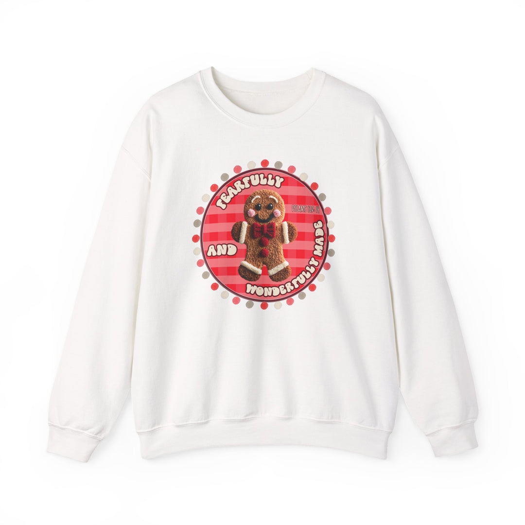 Wonderfully Made Crew sweatshirt featuring a gingerbread man graphic with gingham background and inspirational Psalm 139:14 text, offering cozy comfort and durability for colder months.