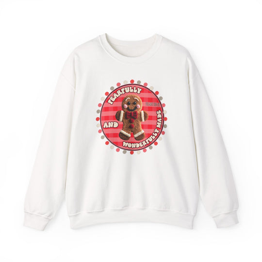 Wonderfully Made Crew sweatshirt featuring a gingerbread man graphic with gingham background and inspirational Psalm 139:14 text, offering cozy comfort and durability for colder months.