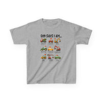 God Says Christmas Truck Kids Tee features festive cartoon vehicles with Santa hats and affirmations, designed for children. Perfect for everyday wear with durable, soft cotton.
