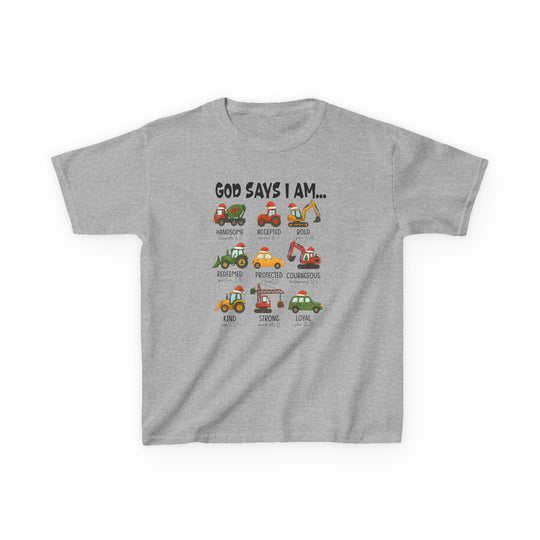 God Says Christmas Truck Kids Tee features festive cartoon vehicles with Santa hats and affirmations, designed for children. Perfect for everyday wear with durable, soft cotton.