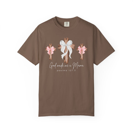 God Made Me a Mama Tee featuring rustic wooden crosses with bows and Psalms 127:3 text, designed on a durable, relaxed-fit Comfort Colors crew-neck T-shirt.