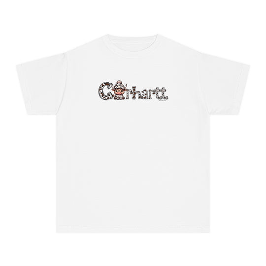 Kid's Cowhartt Cow Tee: White tee with a cartoon cow in a hat, perfect for active kids. 100% combed ringspun cotton, soft-washed, and garment-dyed for comfort and durability. Classic fit for all-day wear.