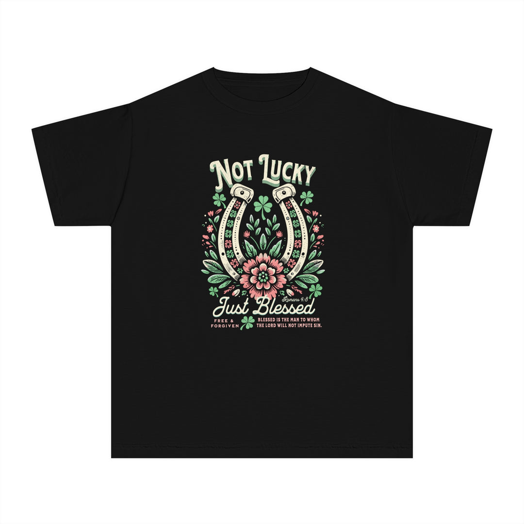 Black Blessed Tee featuring a graphic design of flowers and horseshoes, made from soft, 100% combed ring-spun cotton for kids' comfort and active wear.