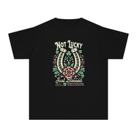 Black Blessed Tee featuring a graphic design of flowers and horseshoes, made from soft, 100% combed ring-spun cotton for kids' comfort and active wear.