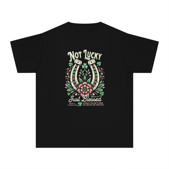 Black Blessed Tee featuring a graphic design of flowers and horseshoes, made from soft, 100% combed ring-spun cotton for kids' comfort and active wear.