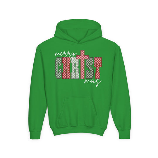 Christmas Youth Hoodie with Merry CHRISTmas festive graphic in red, white, and green checkerboard. Features kangaroo pocket, made from soft, preshrunk fleece.