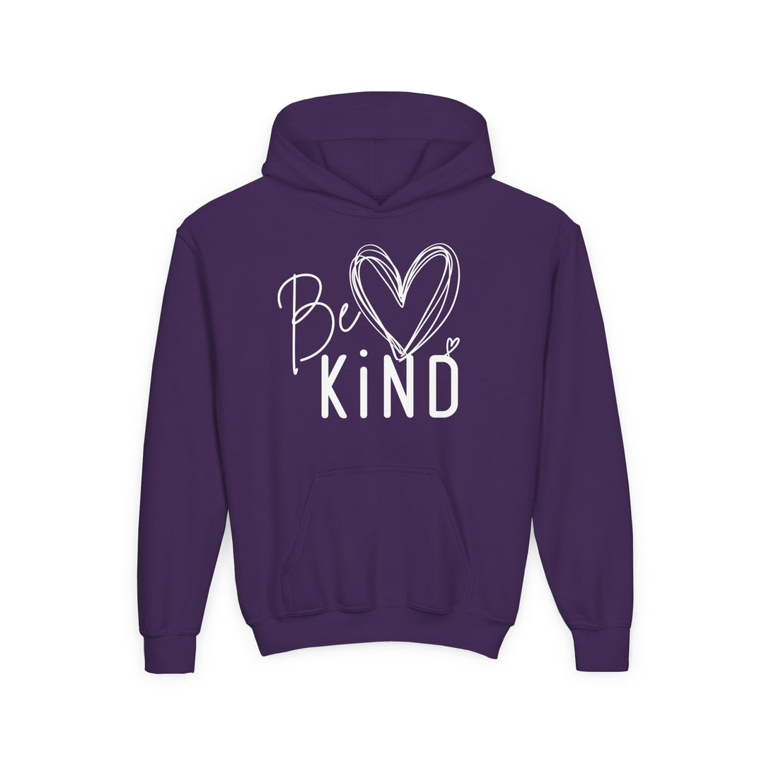 Be Kind Youth Hoodie featuring a purple pullover design with a Be Kind graphic and kangaroo pocket, made from ultra-soft, preshrunk fleece for comfort.