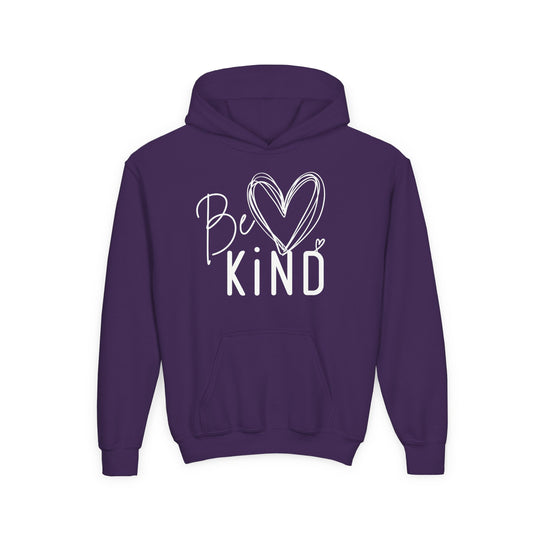 Be Kind Youth Hoodie featuring a purple pullover design with a Be Kind graphic and kangaroo pocket, made from ultra-soft, preshrunk fleece for comfort.