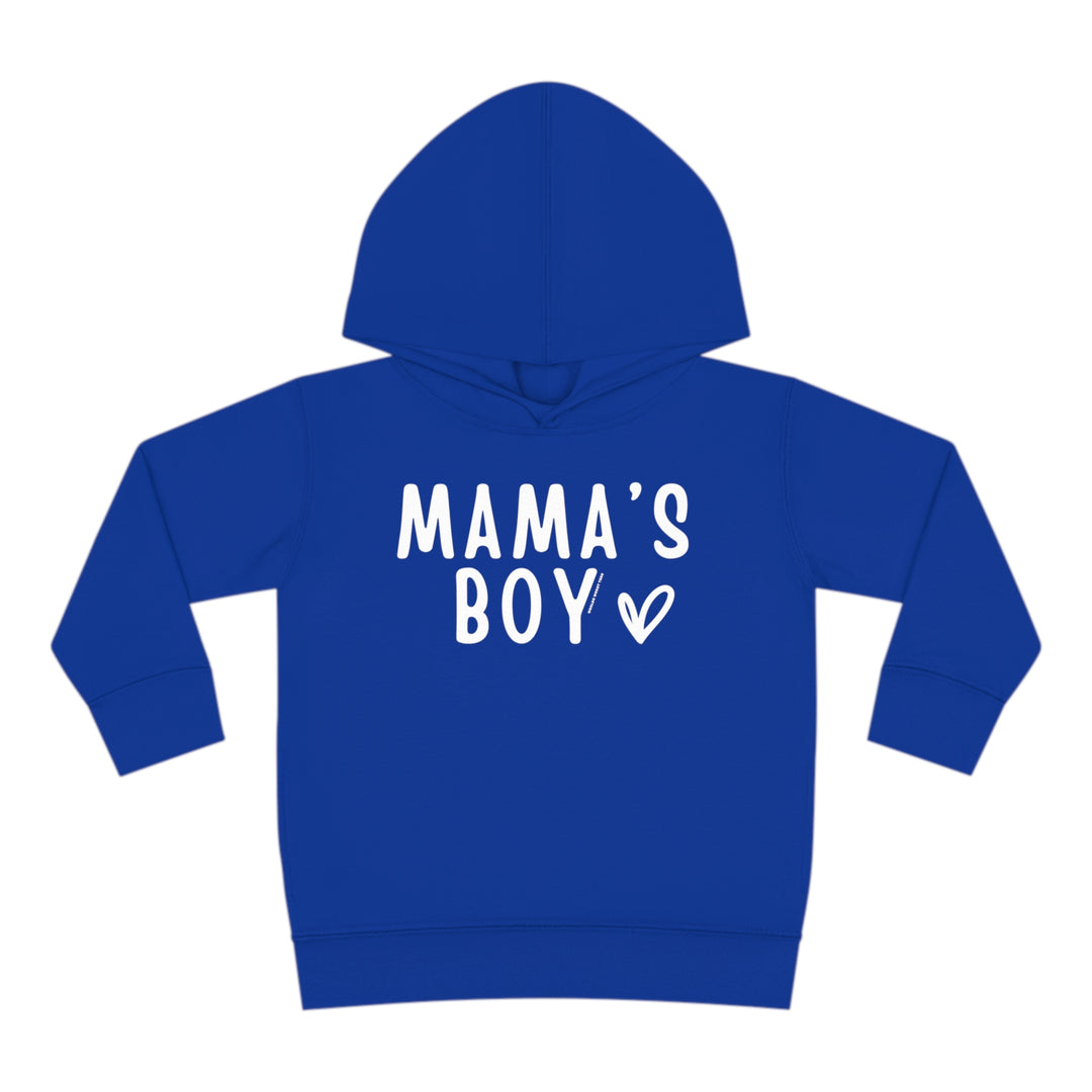 Toddler hoodie with Mama's Boy design, featuring jersey-lined hood, cover-stitched details, and side seam pockets for durability and comfort. 60% cotton, 40% polyester blend. Sizes: 2T, 4T, 5-6T.