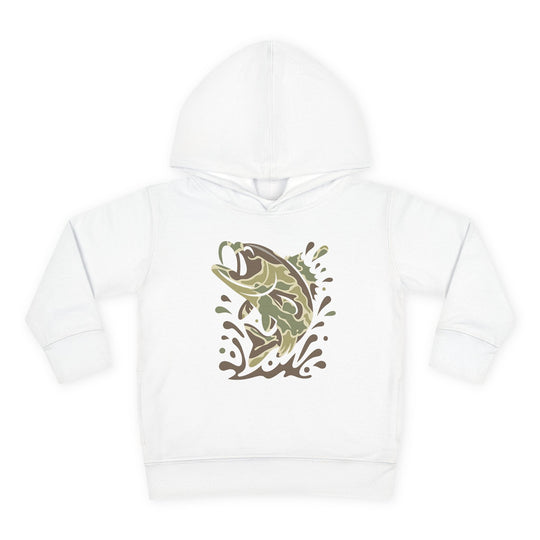 Camo Fish Toddler Hoodie featuring a leaping fish in camouflage tones on a white hooded sweatshirt, designed for comfort and durability with side-seam pockets.