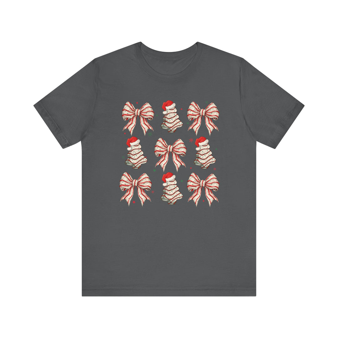 Charcoal Cookies and Bows Tee featuring a festive 3×3 grid of holiday motifs with red-and-white bows and vintage-style Christmas trees.