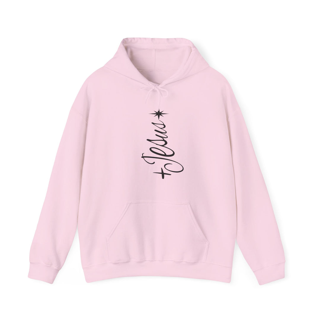 Light-pink pullover hoodie with Jesus in black script and a star graphic, featuring a drawstring hood and kangaroo pocket, from Faith Family Designs.