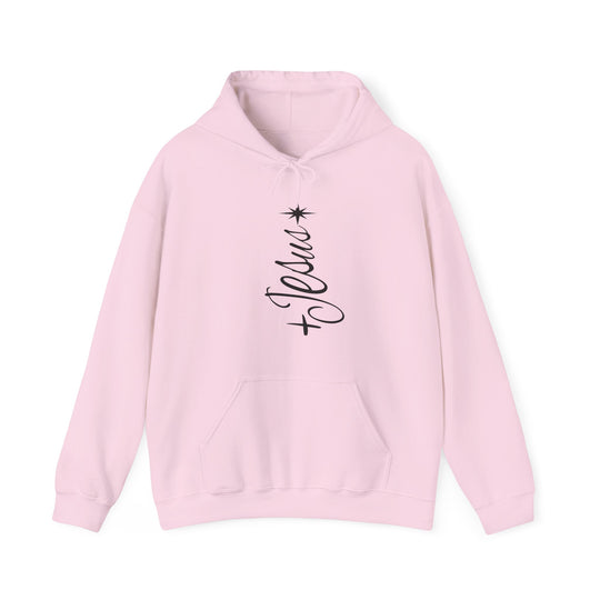 Light-pink pullover hoodie with Jesus in black script and a star graphic, featuring a drawstring hood and kangaroo pocket, from Faith Family Designs.