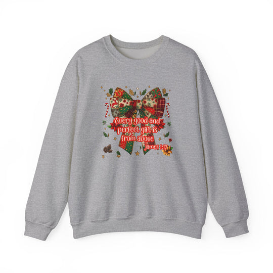 Light-gray crewneck featuring a festive patchwork Christmas bow with holiday accents and Bible verse, Every good and perfect gift is from above, James 1:17.