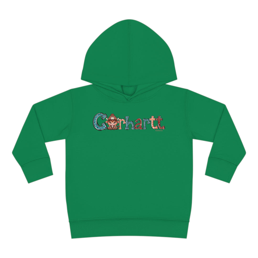Toddler hoodie with cartoon cow design, jersey-lined hood, cover-stitched details, and side seam pockets. Durable and cozy, ideal for kids. From Worlds Worst Tees.