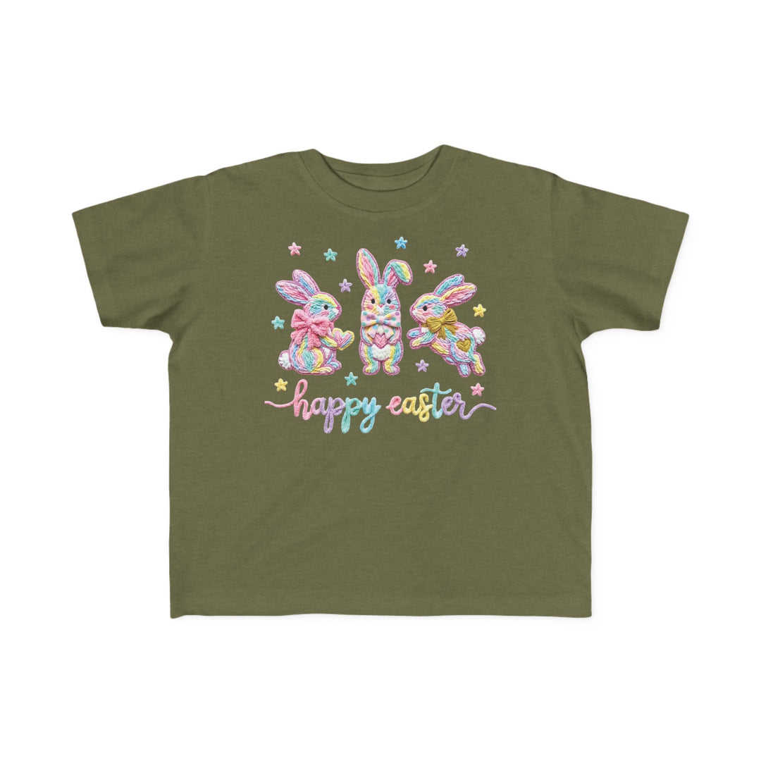 Easter Bunny Toddler Tee featuring three playful bunnies and happy easter text, designed for comfort and durability, ideal for toddlers at Faith Family Designs.
