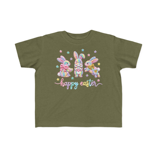 Easter Bunny Toddler Tee featuring three playful bunnies and happy easter text, designed for comfort and durability, ideal for toddlers at Faith Family Designs.