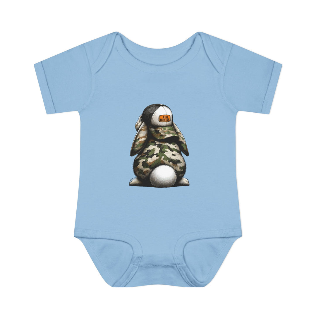 Egg Hunter Onesie featuring a cartoon bunny with a hat, designed for infants. Made from soft, ring-spun cotton for comfort and ease during wear.