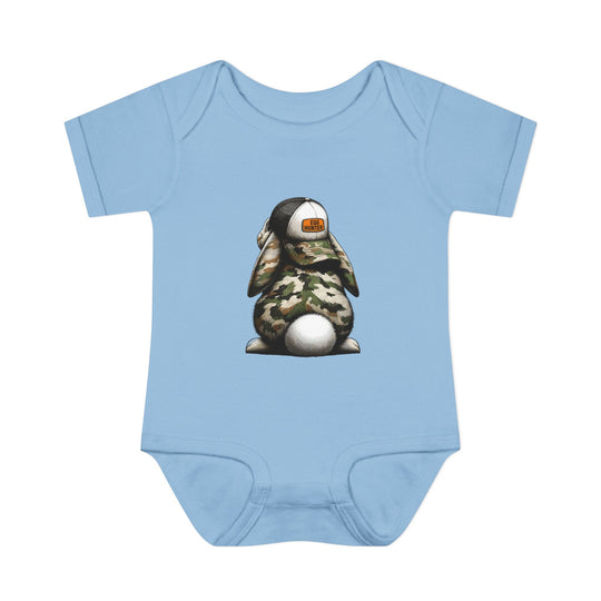 Egg Hunter Onesie featuring a cartoon bunny with a hat, designed for infants. Made from soft, ring-spun cotton for comfort and ease during wear.