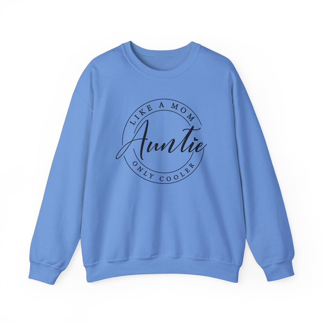 Auntie Crew blue sweatshirt featuring black text, ideal for comfort with a ribbed collar, made from a polyester-cotton blend, available in sizes S to 5XL.