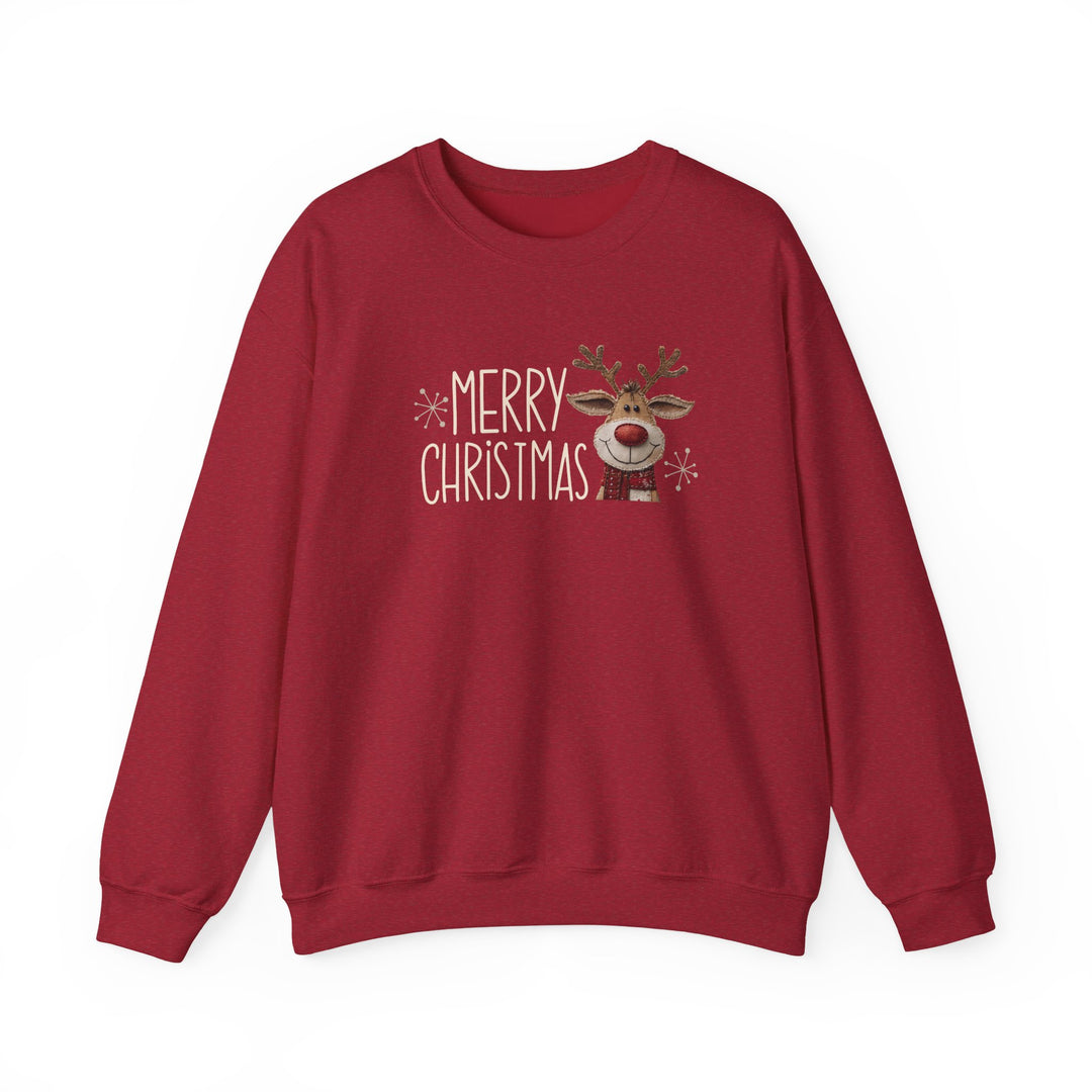 Merry Christmas Reindeer Crew sweatshirt with festive design, featuring a cheerful reindeer and Merry Christmas text, ideal for cozy, stylish holiday wear.