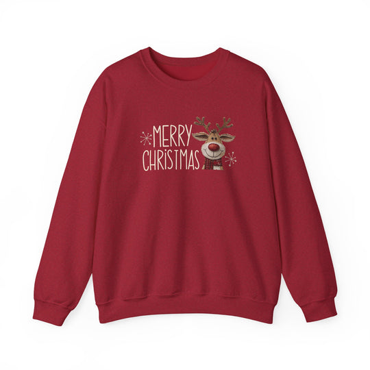 Merry Christmas Reindeer Crew sweatshirt with festive design, featuring a cheerful reindeer and Merry Christmas text, ideal for cozy, stylish holiday wear.