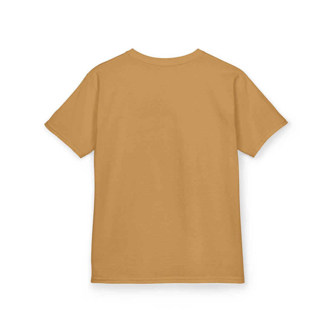 Back view of mustard-colored Christmas Geese Kids Tee, short-sleeved, crew-neck, made of soft, durable 100% US cotton, ideal for everyday wear.