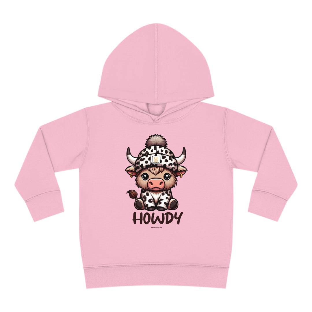Toddler hoodie with cow design, jersey-lined hood, cover-stitched details, and side seam pockets. Comfortable blend of cotton and polyester. From 'Worlds Worst Tees'.