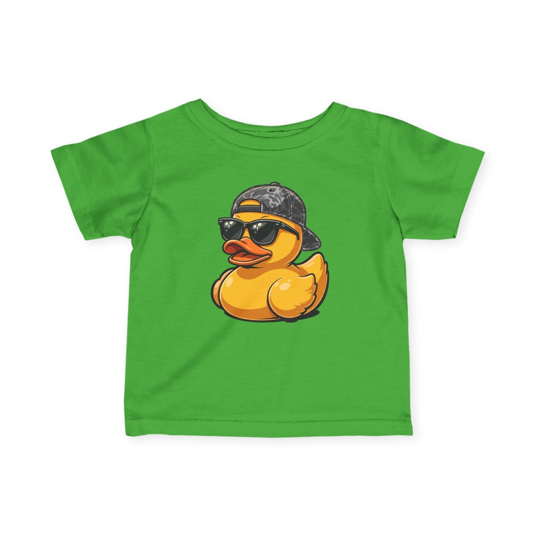Ducky Baby Tee: Bright green children's T-shirt featuring a cartoon yellow rubber duck with sunglasses and a camo cap, embodying a playful, urban style.