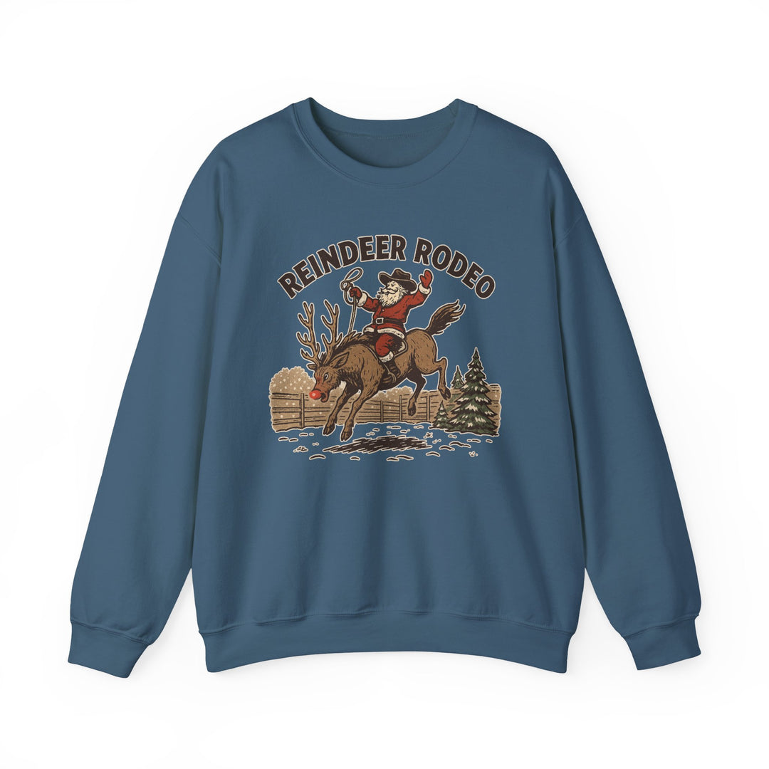 Reindeer Rodeo Crew sweatshirt featuring Santa as a rodeo cowboy on a bucking reindeer, perfect for festive comfort and durability with a classic fit.