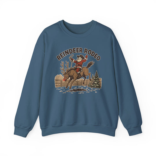 Reindeer Rodeo Crew sweatshirt featuring Santa as a rodeo cowboy on a bucking reindeer, perfect for festive comfort and durability with a classic fit.