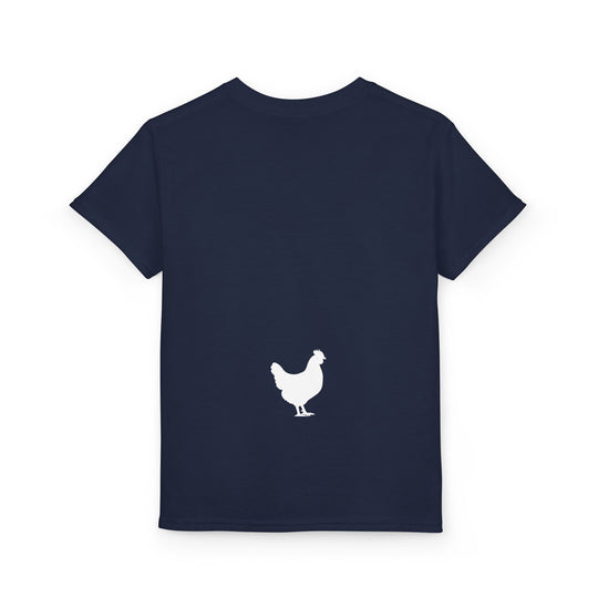 Back view of the Guess What Chicken Butt Tee, showcasing a small white chicken silhouette on a dark-navy Youth DryBlend® T-Shirt, emphasizing comfort and durability.