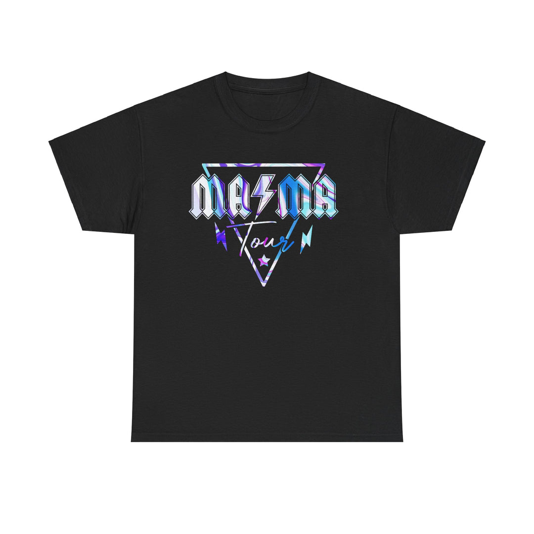 Unisex Ma/Ma Band Tee, a classic fit black t-shirt with a logo design. No side seams for comfort, ribbed knit collar for elasticity. Medium weight fabric, 100% cotton. Sizes S-5XL.
