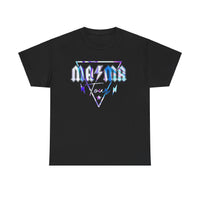 Unisex Ma/Ma Band Tee, a classic fit black t-shirt with a logo design. No side seams for comfort, ribbed knit collar for elasticity. Medium weight fabric, 100% cotton. Sizes S-5XL.