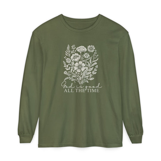 Army-green long-sleeve tee featuring hand-drawn wildflowers and God is good ALL THE TIME text, offering comfort and style from Faith Family Designs.