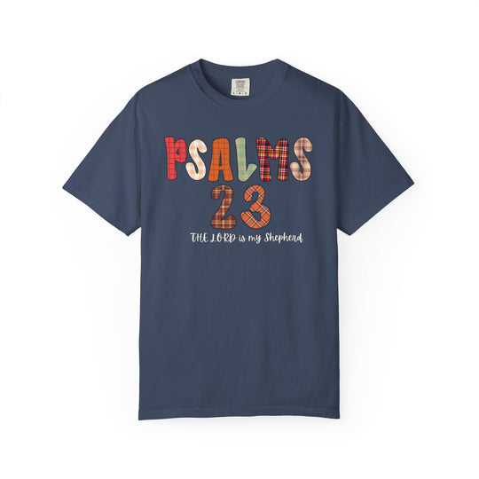Navy-blue Psalms 23 Tee featuring patchwork-style letters and handwritten script, embodying comfort with a relaxed fit, ideal for faith-inspired casual wear.