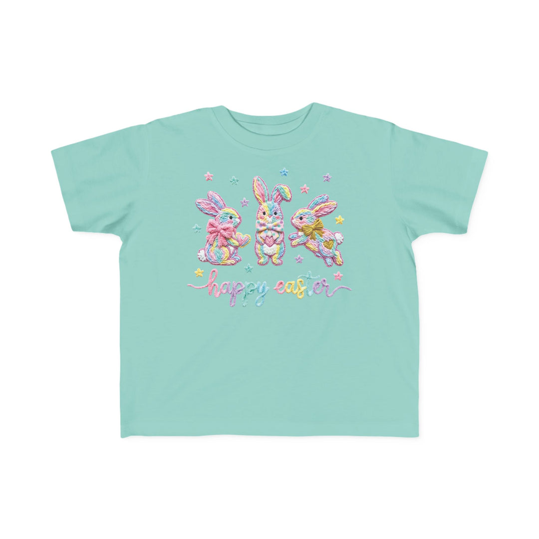 Easter Bunny Toddler Tee with pastel bunnies and happy easter text, ideal for sensitive skin. High-quality, soft cotton, perfect for toddlers' adventures.