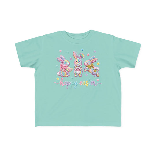 Easter Bunny Toddler Tee with pastel bunnies and happy easter text, ideal for sensitive skin. High-quality, soft cotton, perfect for toddlers' adventures.