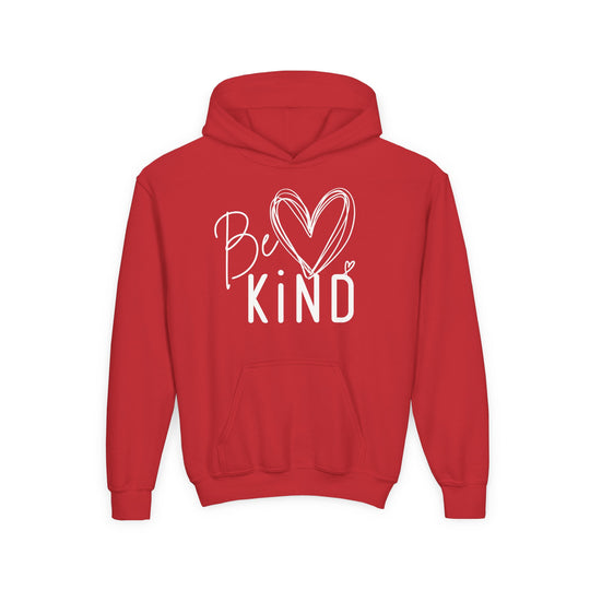 Be Kind Youth Hoodie featuring a white Be Kind graphic with a heart, kangaroo pocket, ribbed cuffs, and hem, ideal for comfortable, stylish wear.