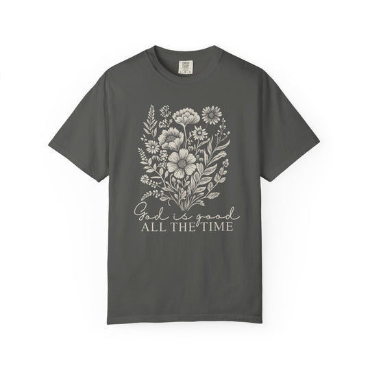 God is Good All the Time Tee, a relaxed-fit, garment-dyed t-shirt made from 100% ring-spun cotton, featuring durable double-needle stitching and a crew neckline.