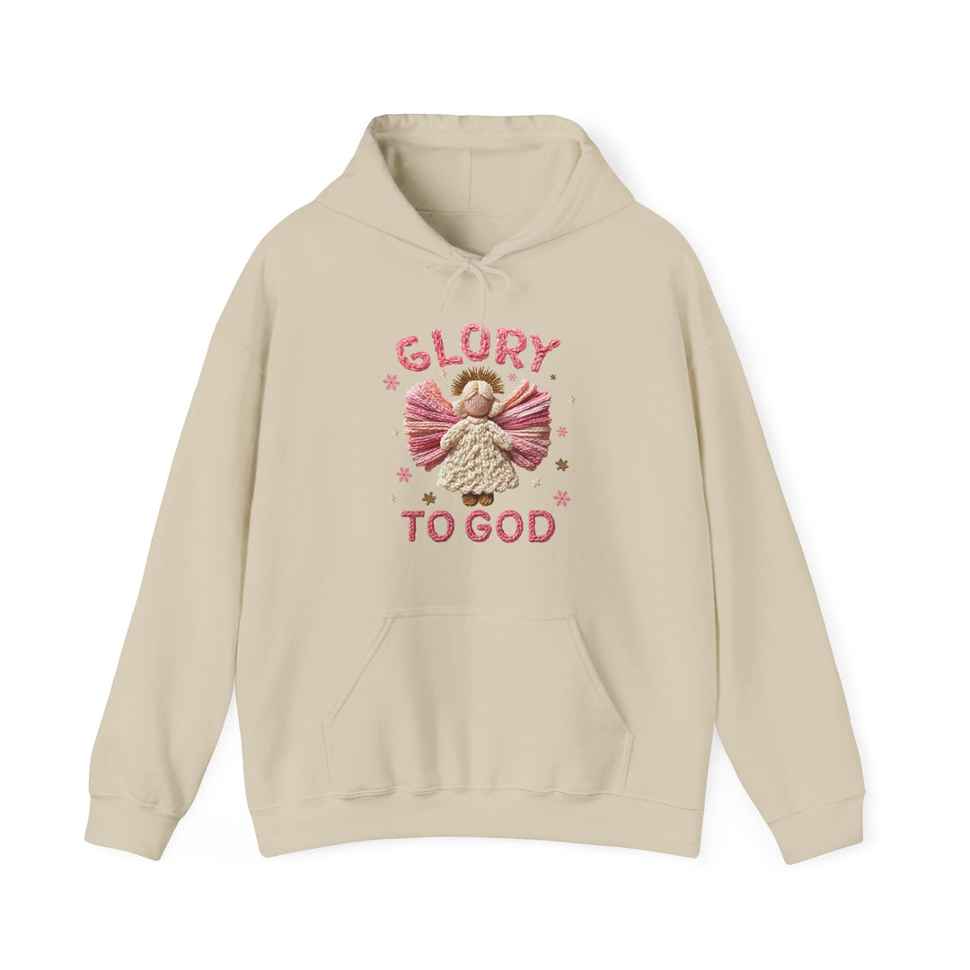 Light-beige hoodie with GLORY TO GOD and angel graphic, featuring a kangaroo pocket, drawstring hood; cozy blend from Faith Family Designs.