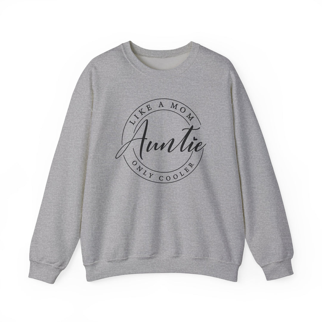 Grey Auntie Crew sweatshirt with black lettering, featuring a ribbed collar and loose fit, made from a comfortable polyester-cotton blend.