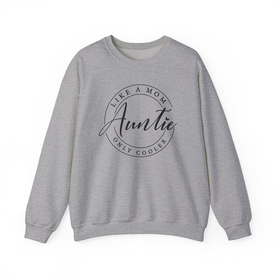 Grey Auntie Crew sweatshirt with black lettering, featuring a ribbed collar and loose fit, made from a comfortable polyester-cotton blend.