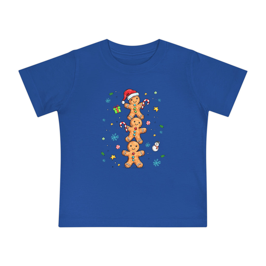 Gingerbread Stack Baby Tee featuring playful Christmas-themed gingerbread cookies and festive accents, designed for comfort in pre-shrunk, soft airlume combed cotton.