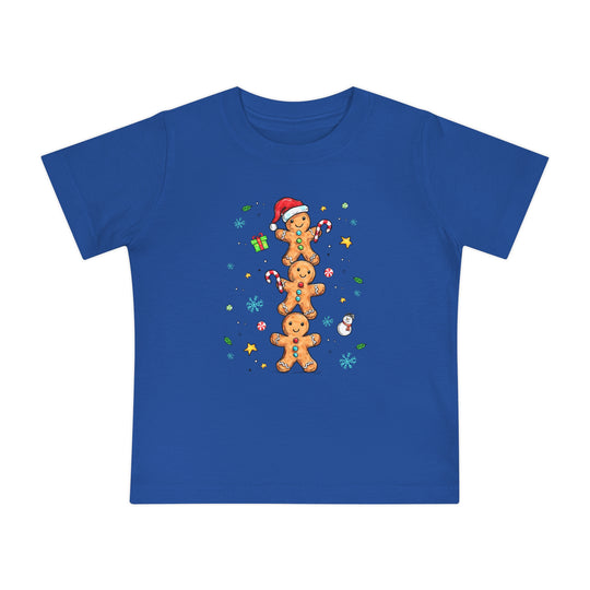 Gingerbread Stack Baby Tee featuring playful Christmas-themed gingerbread cookies and festive accents, designed for comfort in pre-shrunk, soft airlume combed cotton.