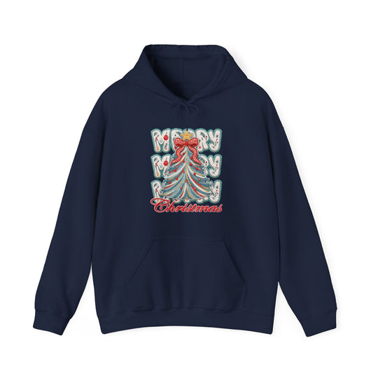 Navy-blue Merry Christmas Tree Hoodie with hand-drawn festive graphic and kangaroo pocket, offering warmth and style for cold days.